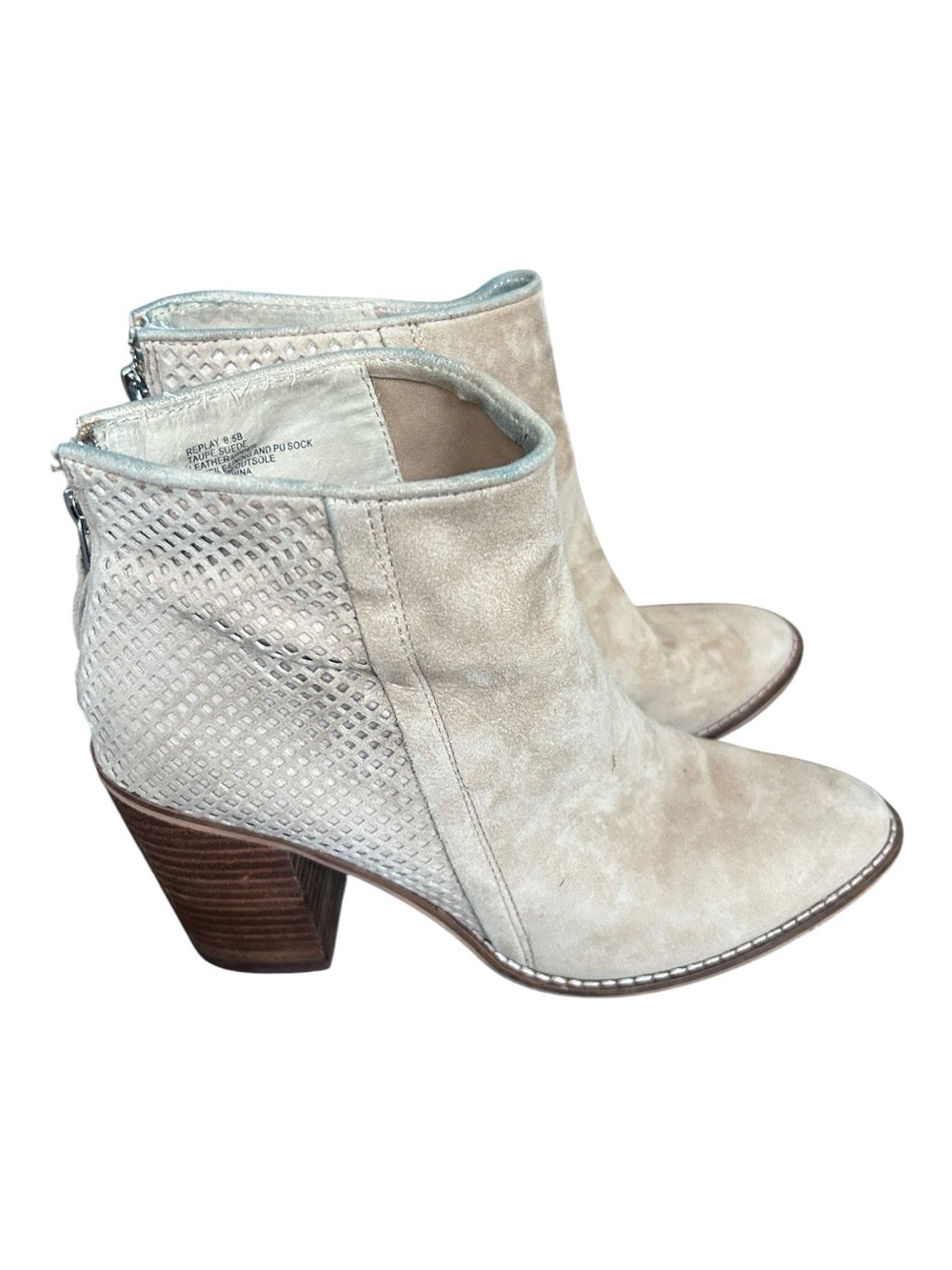 Steve Madden Replay Taupe Suede Perforated Chunky Heel Ankle Booties Size 8.5